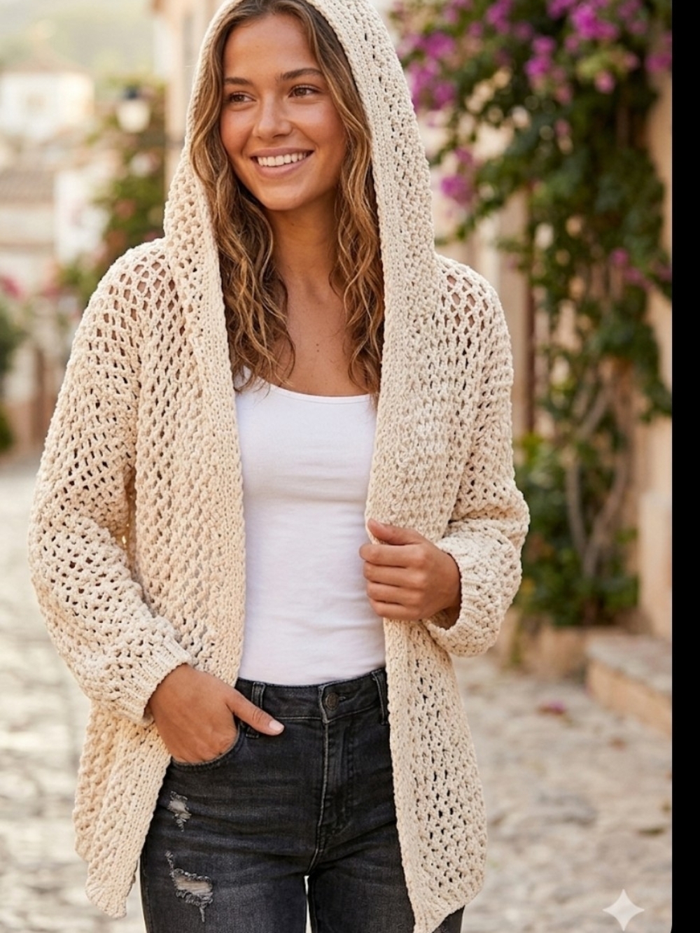 Hooded Open-Weave Cardigan Sweater in Cream XL
